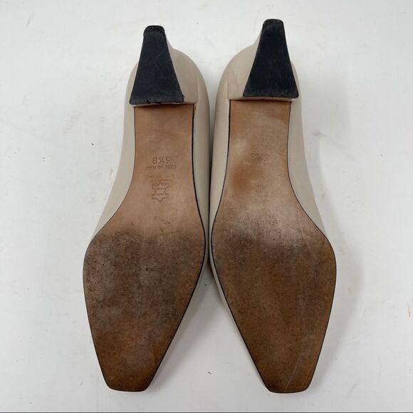 Arnold Churgin Beige Leather Pumps Gold Bar Block Heel Women's 5-1/2B Off-White - Picture 7 of 9